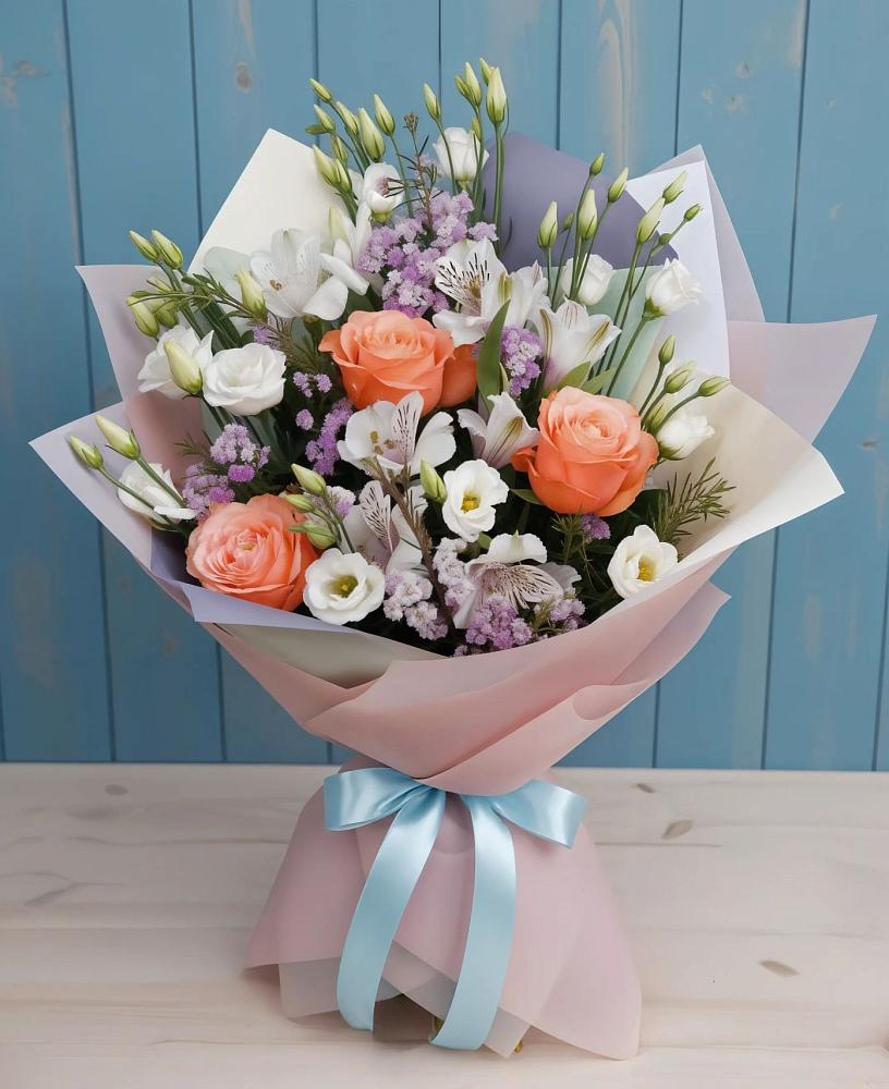 Букет цветов из: Лизиантусы, Розы, Альстромерии и Гипсофила в Дивеево
